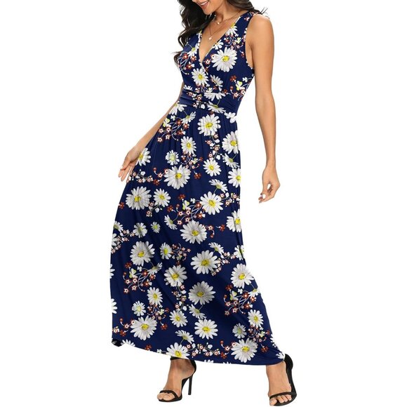 Women Navy Daisy Deep V Neck Sleeveless Loose Plain Long Maxi Stretchy Dress - Picture 4 of 4